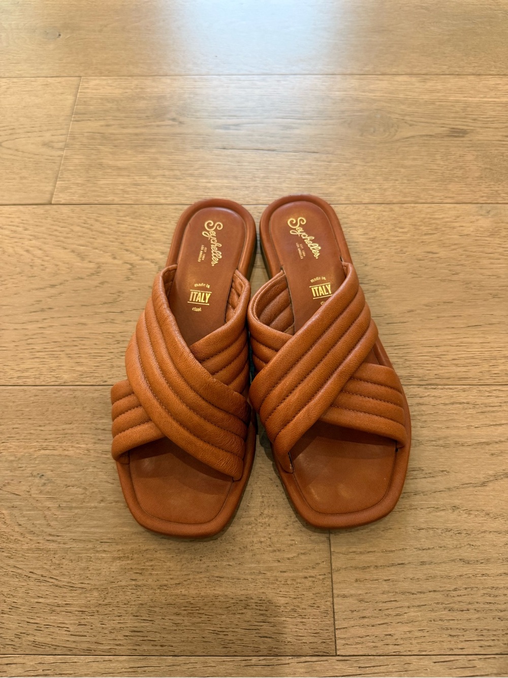 Seychelles Tan Quilted Crossband Slide Mules